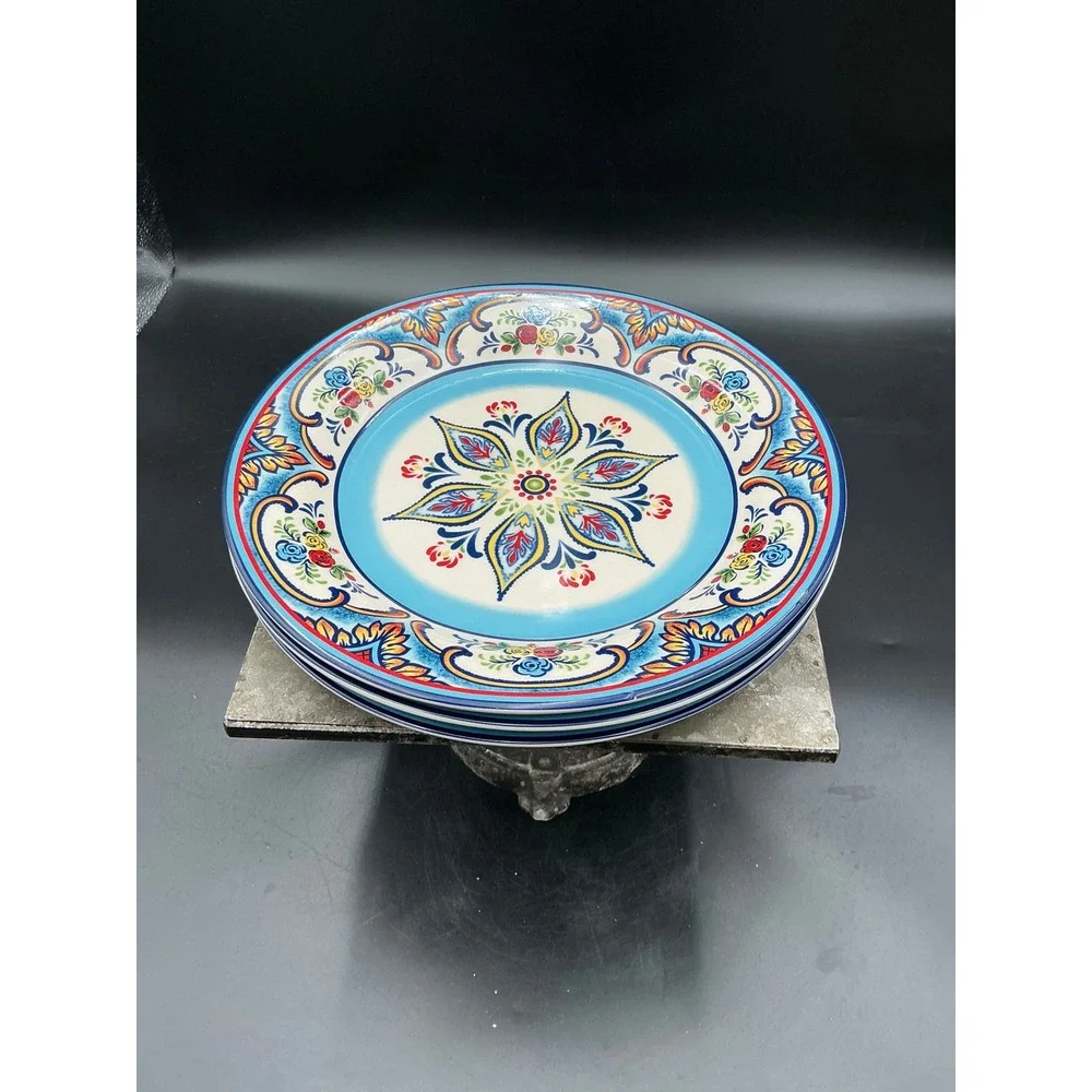 Euro Ceramica Zanzibar Dinner Plates Set of 3 Blue Floral Spanish Design 10.75in